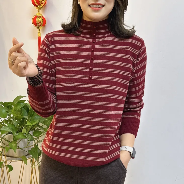 毛衣女秋冬新款半高领时尚条纹针织衫洋气妈妈装休闲保暖打底衫女