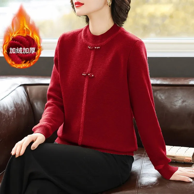 本命年妈妈毛衣加绒加厚半高领保暖上衣服中老年女冬装洋气打底衫