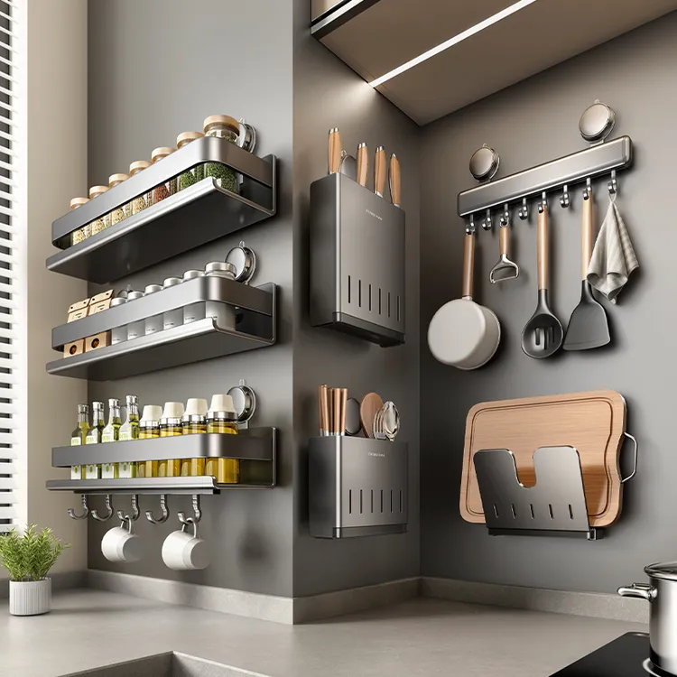 厨房免打孔吸盘置物架壁挂式刀架锅盖架调味料家用用品大全收纳架