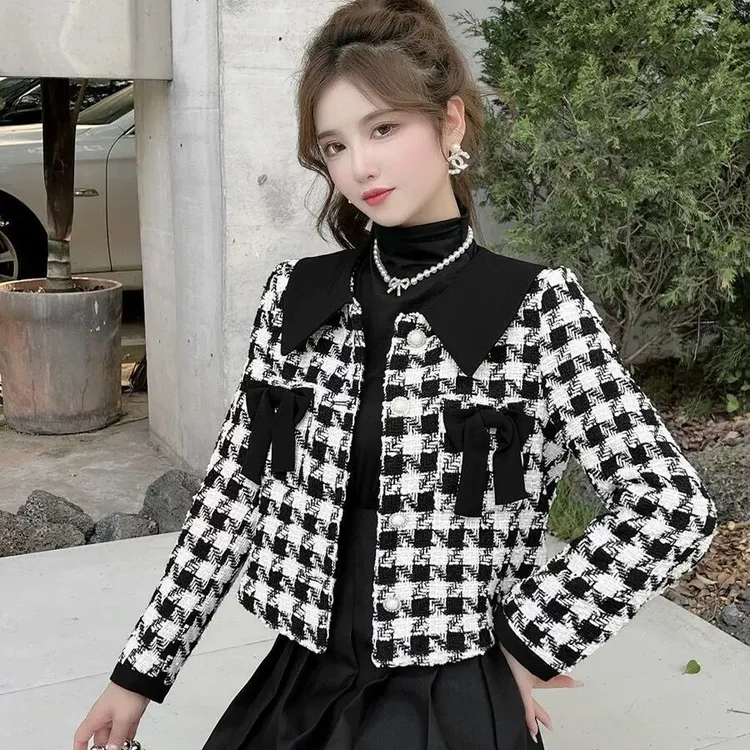 加棉轻奢小香风外套女2025早春新款格纹小个子蝴蝶结短款百搭上衣