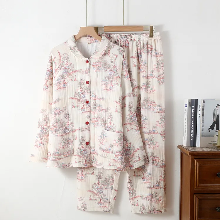 A类轻奢100%全棉加厚包边四层纱布睡衣女纯棉秋冬保暖家居服套装