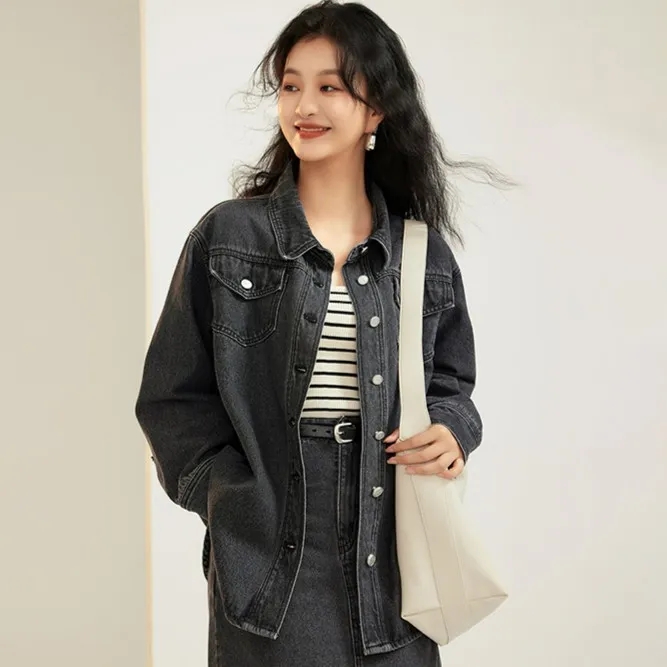 时然大码女装微胖牛仔外套时尚复古简约宽松百搭外套女S3QW8A001