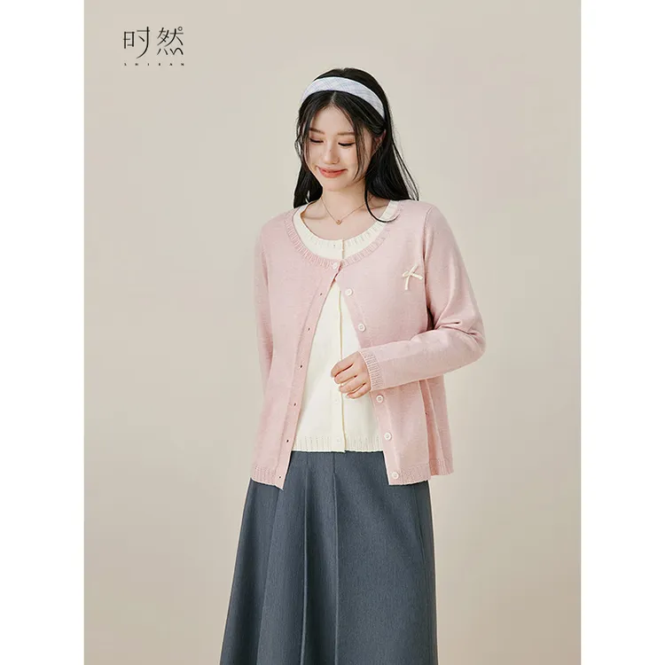 时然微胖大码女装秋新款韩系针织衫遮肉显瘦甜美毛衣假两件上衣