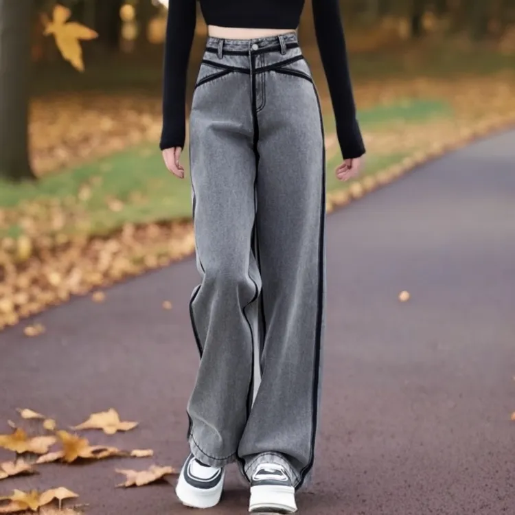 加绒牛仔裤女2025年新款秋冬烟灰色侧条纹女士窄版直筒裤阔腿长裤