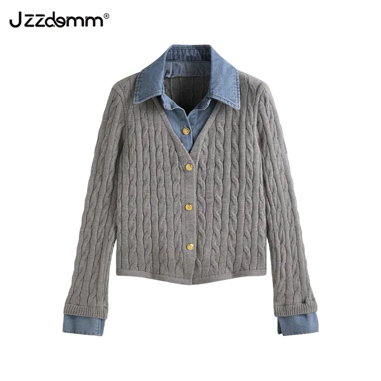 九州诚品/JZZDEMM牛仔拼接扭花假两件时尚气质针织开衫外套上衣女