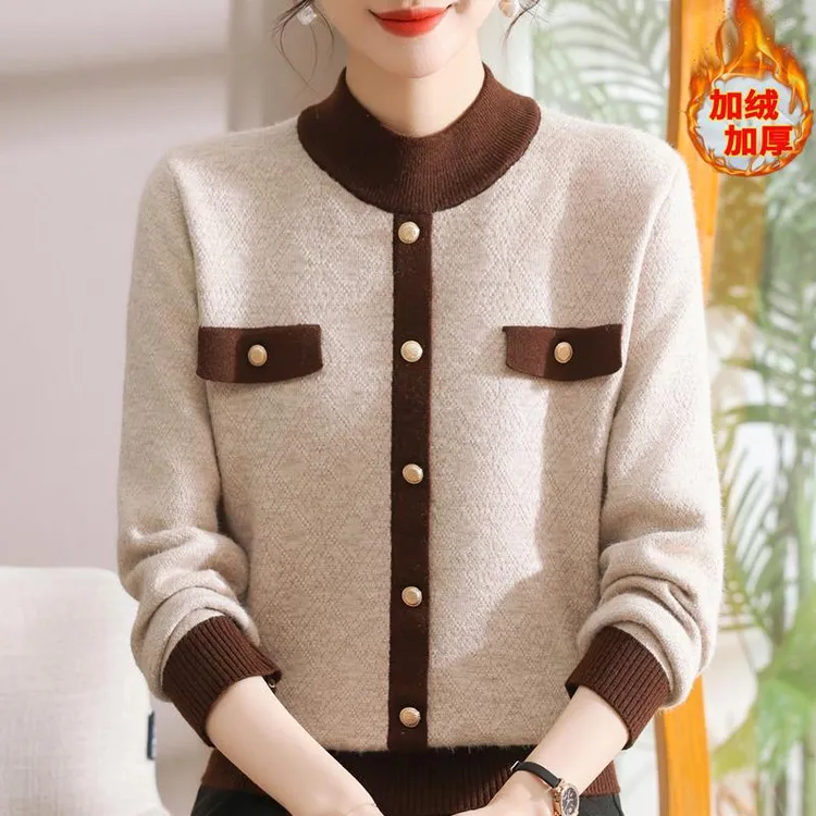 2024年妈妈秋冬小香风毛衣一体绒针织打底衫中老年女加绒加厚上衣