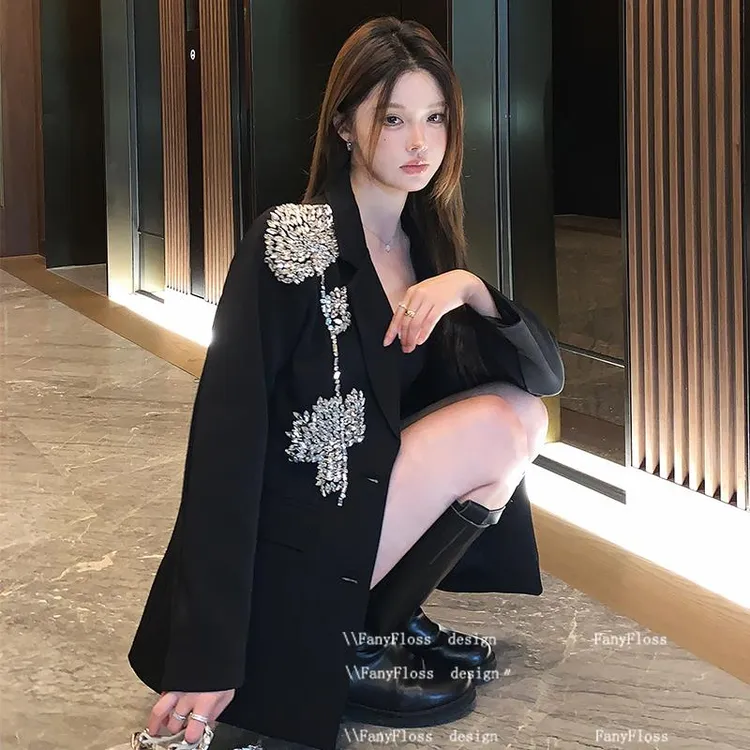 FanyFloss轻奢黑色钉钻花朵宽松西装外套名媛亮片洋气ol聚会西服