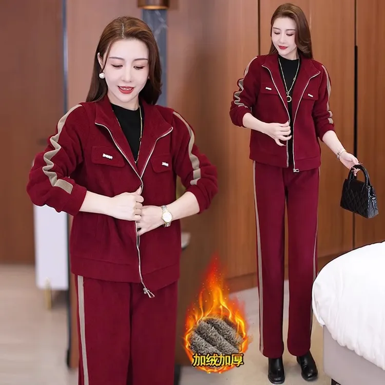 加绒加厚休闲运动服套装女士秋冬新款洋气广场舞服装小个子两件套