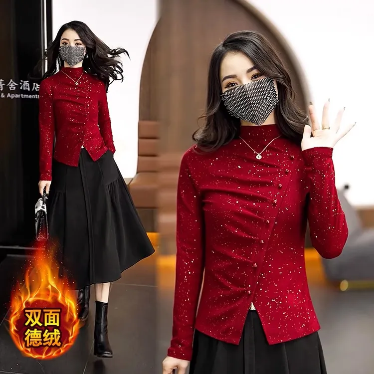 时尚加绒保暖打底衫女爆款秋冬新款气质内搭小衫洋气减龄提花上衣