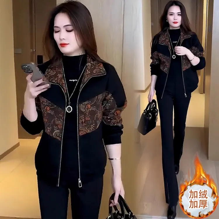 加绒短款外套女士秋冬装新款中年妈妈装加厚夹克衫小个子百搭上衣