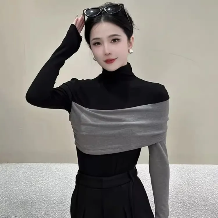 纯欲性感长袖T恤女秋冬新款半高领上衣修身显瘦撞色内搭打底衫女