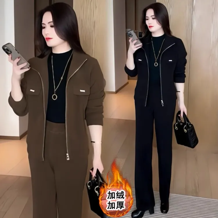 加绒加厚时尚套装女士秋冬季新款气质开衫外套小个子宽松显瘦套装