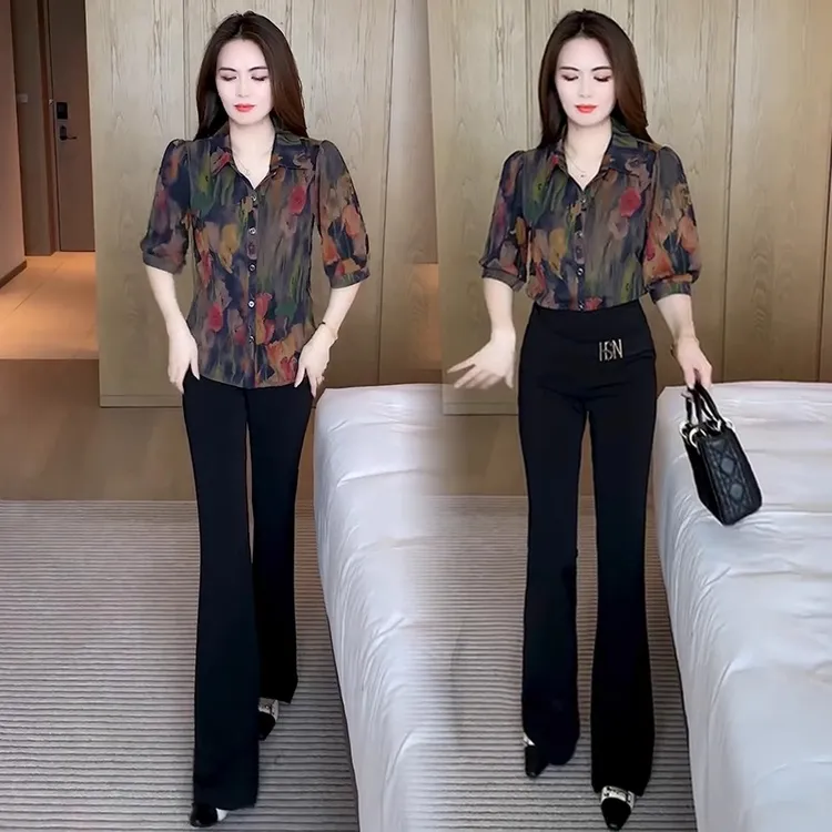 高档冰丝印花衬衫女装夏季新款中年妈妈装上衣五分袖polo领薄衬衣