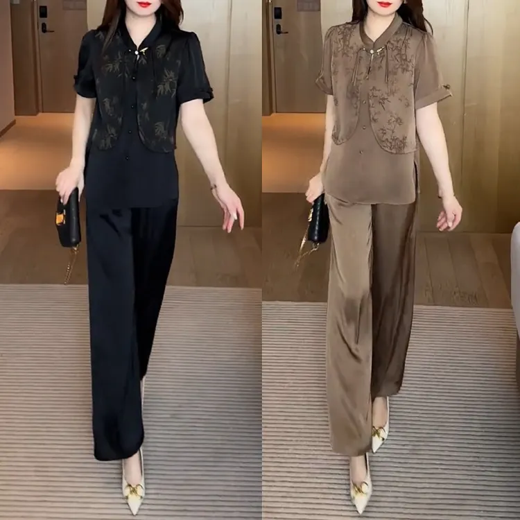 夏季新款新中式穿搭气质显瘦时尚洋气休闲时尚套装妈妈装减龄宽松
