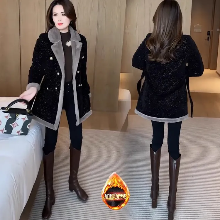 加绒加厚毛呢外套女2025冬季新款洋气收腰中长款修身保暖呢子大衣