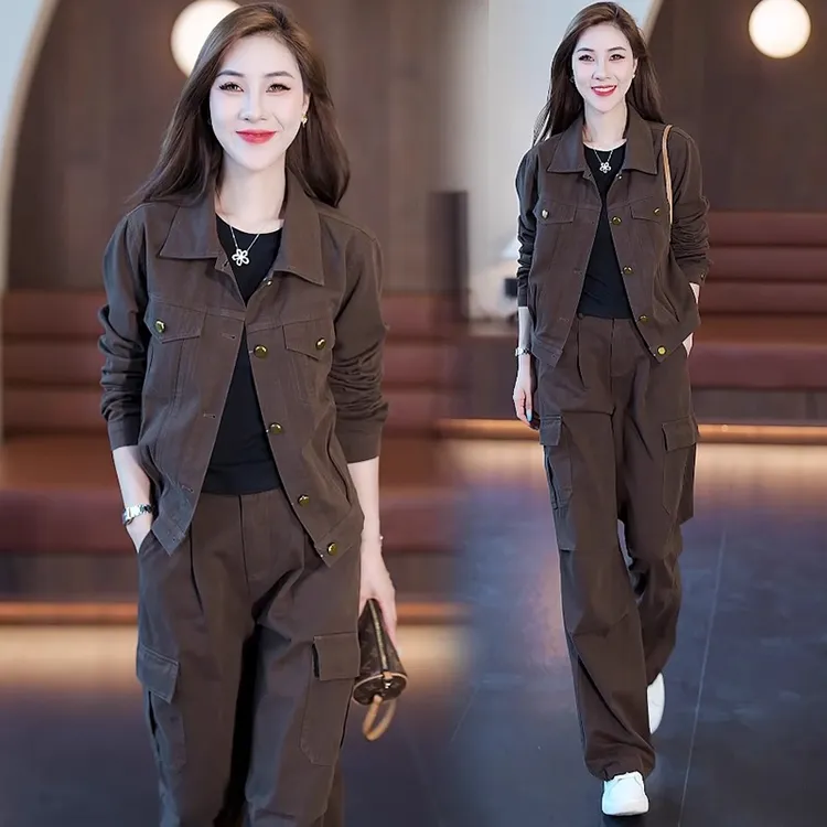 时尚牛仔套装女秋季新款洋气显瘦短款外套工装阔腿裤休闲两件套潮