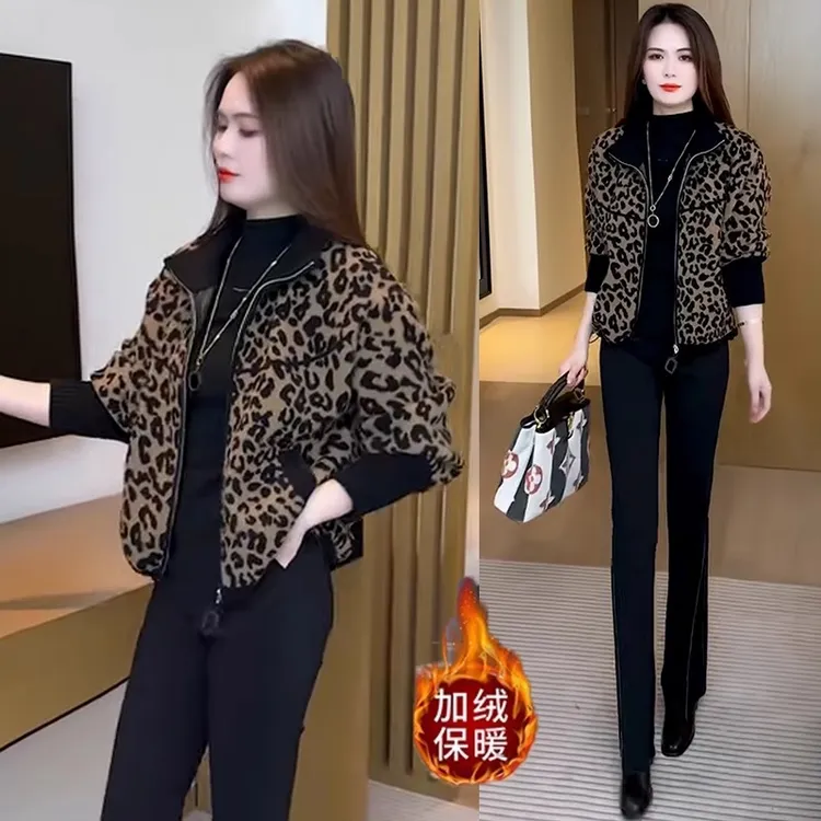 加绒加厚豹纹短外套女2024秋冬新款时尚洋气减龄小个子双面绒上衣