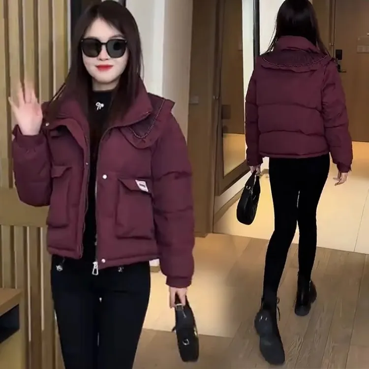 时尚百搭加厚棉服女2025冬季新款洋气翻领小个子短款连帽棉衣外套