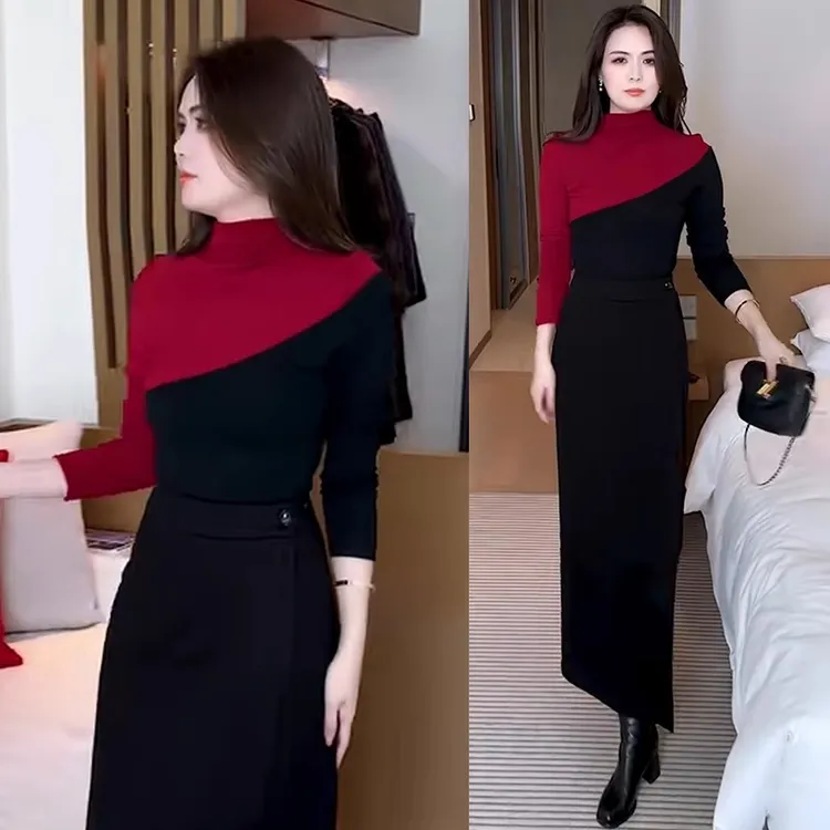 半高领打底衫女2025秋冬新款设计感长袖T恤时尚洋气撞色内搭上衣