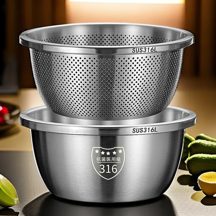 32CM【拍一发二】不锈钢沥水篮洗菜盆子厨房洗水果洗菜淘米盆洗米筛