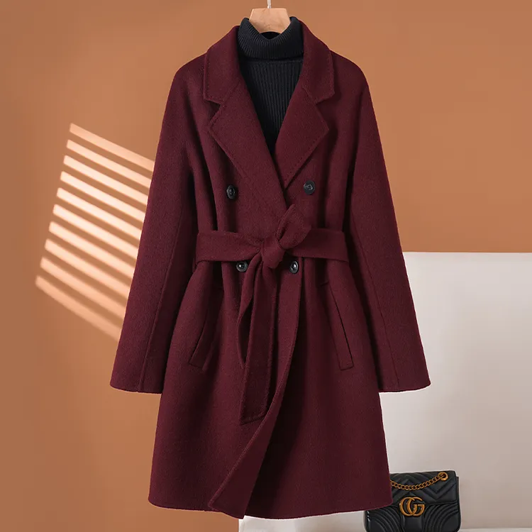 安克拉紫双面羊绒大衣女中长款2025冬季新款双排扣羊毛呢子厚外套