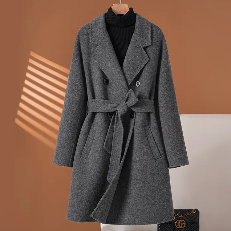 灰色双面羊绒大衣女中长款2025秋冬季新款双排扣羊毛呢子厚外套