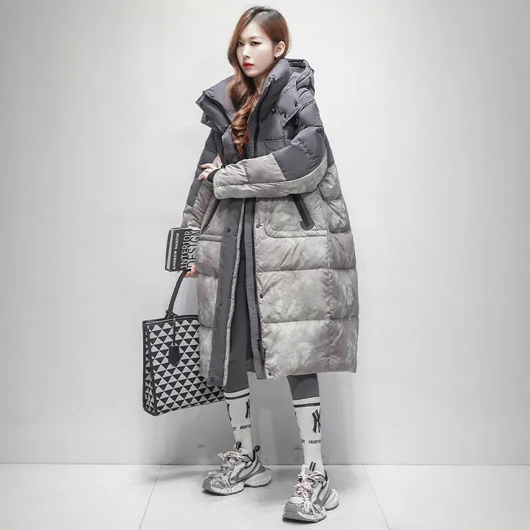 潮牌拼色羽绒服女长款2025冬季新款高充绒女士面包服白鸭绒外套冬