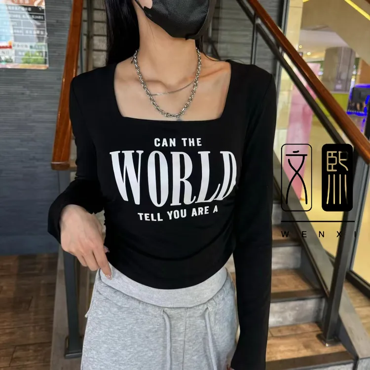 秋季新款显瘦长袖辣妹时尚黑色印花高腰百搭不规则设计感上衣