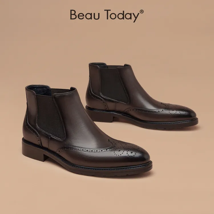 BeauToday【经典系列】布洛克雕花切尔西靴英伦风皮鞋男士真皮短靴