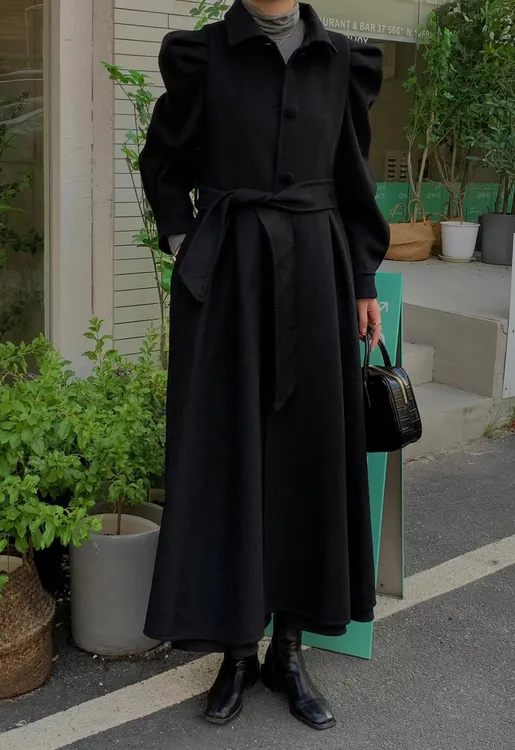 NO退NO换显瘦赫本风中长款黑色秋冬羊绒收腰时尚大衣外套气质毛呢