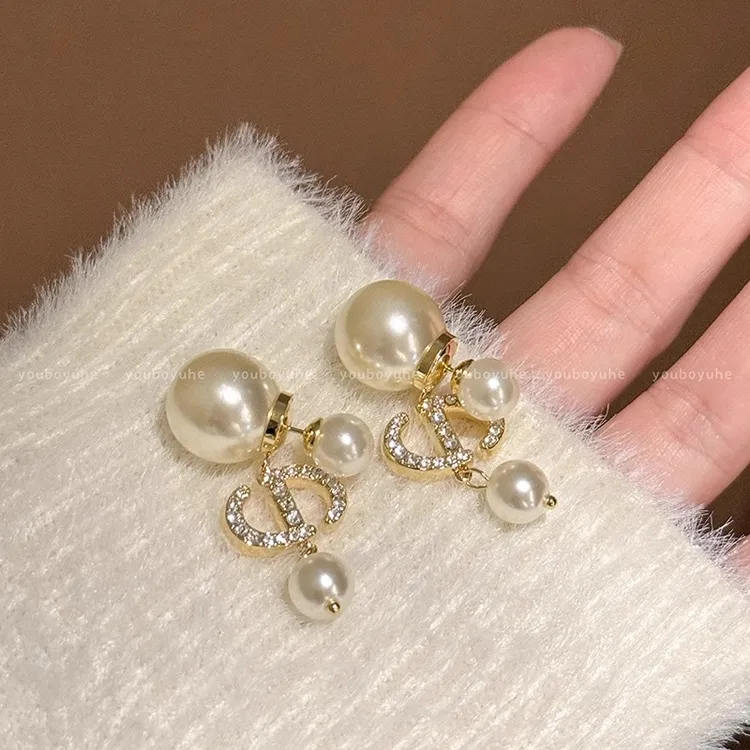 铜合金耳饰 韦雪同款秋冬闪锆耳环后挂式仿珍珠耳钉女高级感耳饰