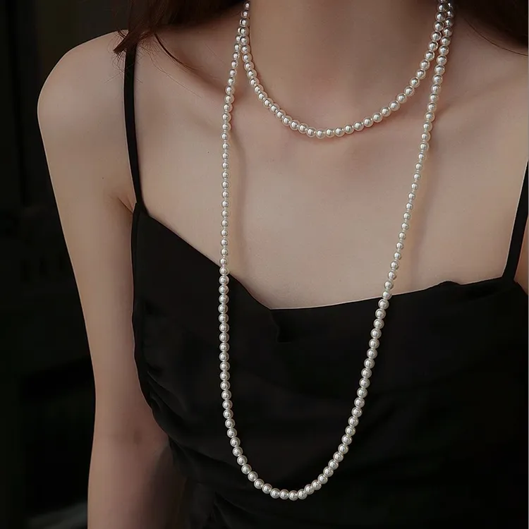 钛钢仿珍珠项链 多层叠戴长款仿珍珠项链新中式轻奢妈妈颈链 
