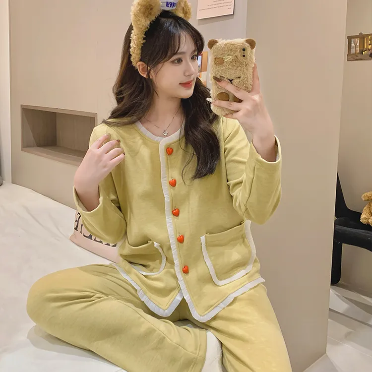 秋冬季珊瑚绒长袖睡衣女套装可外穿新款双层羊绒女士家居服秋冬款