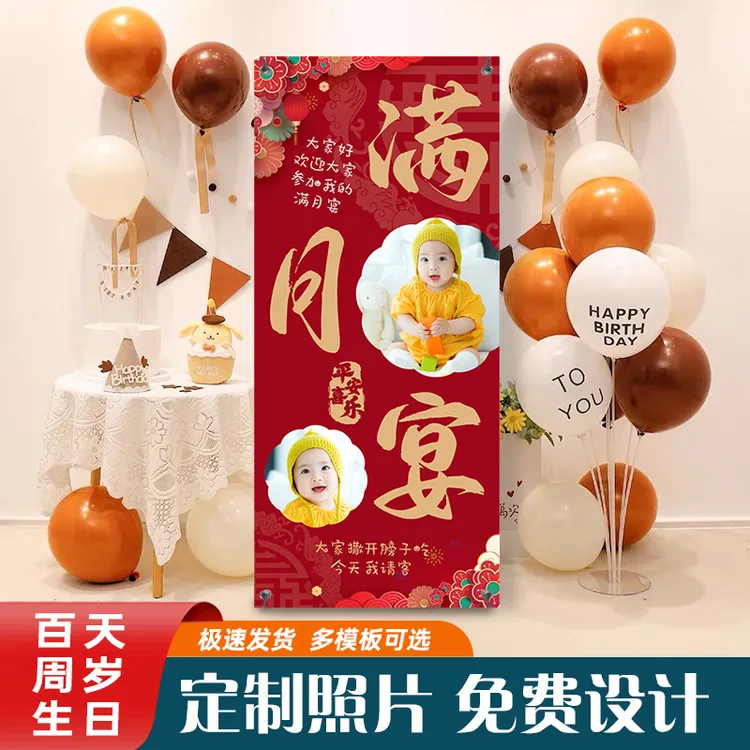 宝宝满月百天生日照海报制作儿童周岁迎宾牌 展架场景布置装饰-2