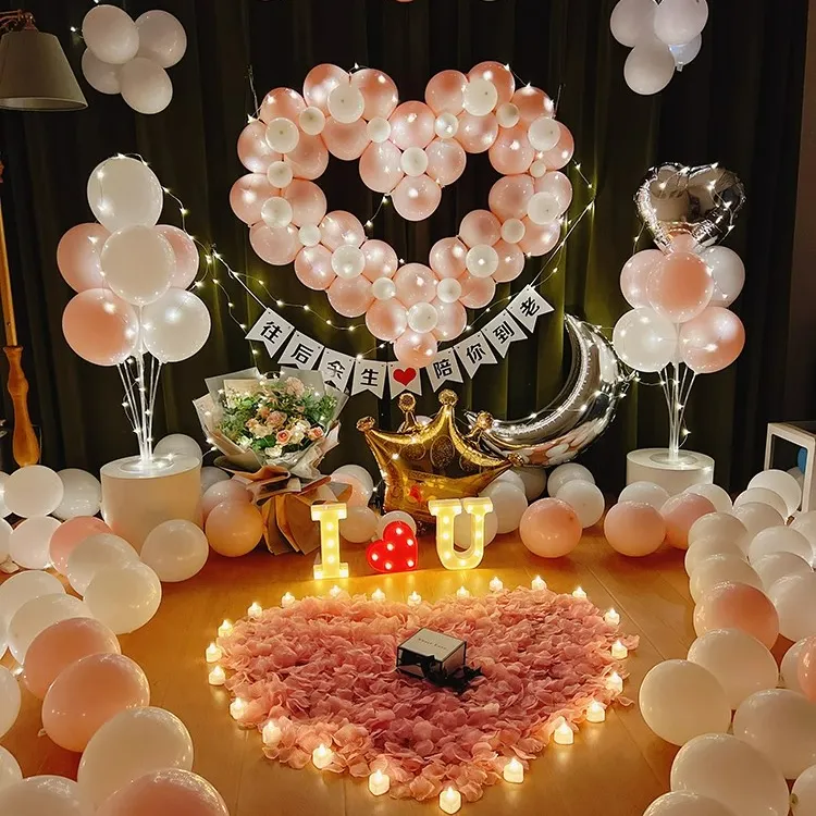 纪念日惊喜浪漫场景装饰七夕告表白卧室内LED求婚气球背景墙布 置