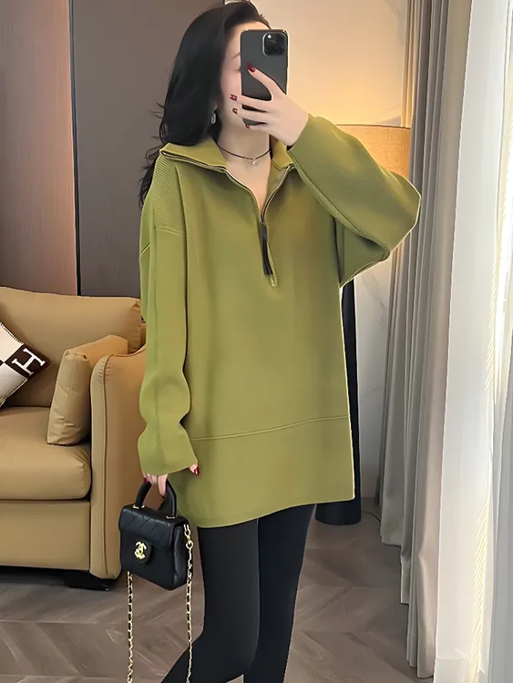 慵懒风半拉链立领毛衣女款2024新款秋冬季加厚内搭中长款针织上衣