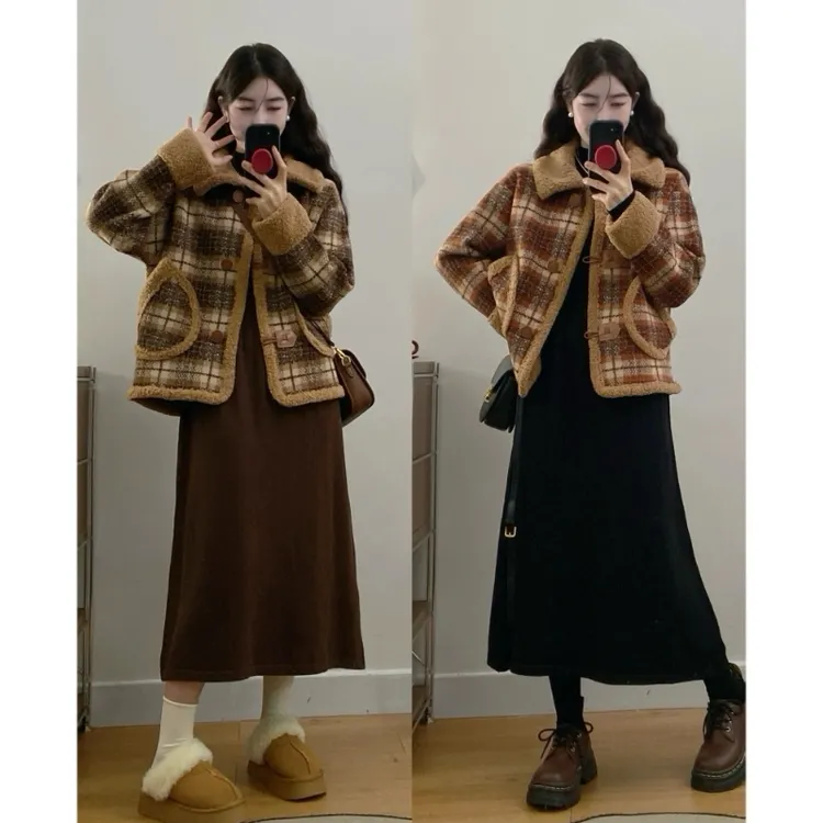 MO88ZSPF大码秋冬小香风双面呢格子上衣外套打底连衣裙气质法式