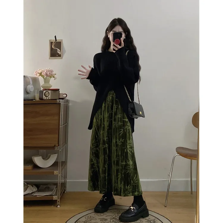 MO88ZSPF大码竹意浓秋冬不规则毛衣松紧腰暗纹提花竹子丝绒半身裙