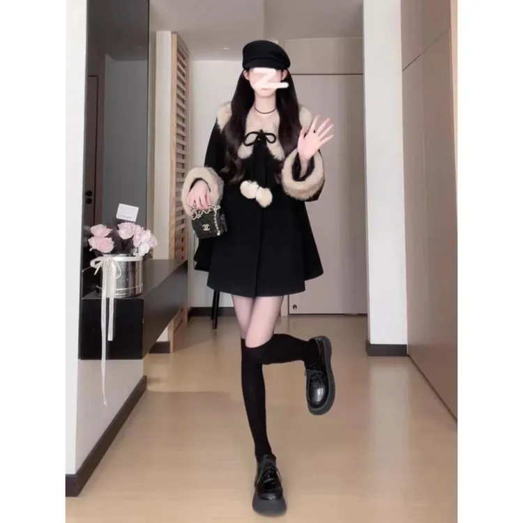 MO88ZSPF大码~拼接黑色毛绒领外套女装秋冬加厚复古气质毛呢大衣