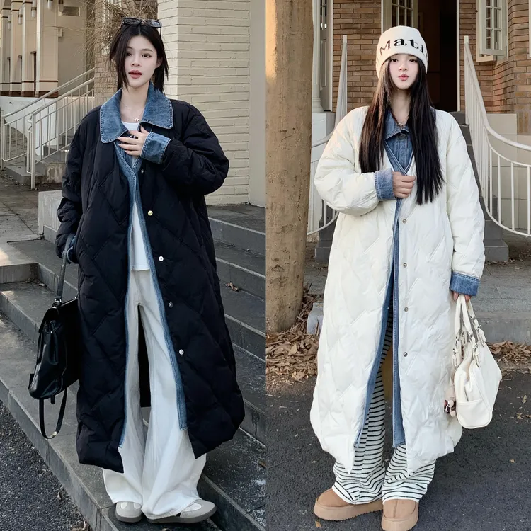 MO88ZSPF微胖大码女冬季假两件牛仔拼接棉服