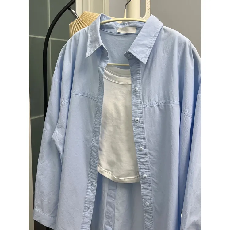 秋季纯棉韩系纯色POLO领百搭长袖衬衫女夏季新款外穿宽松上衣外套