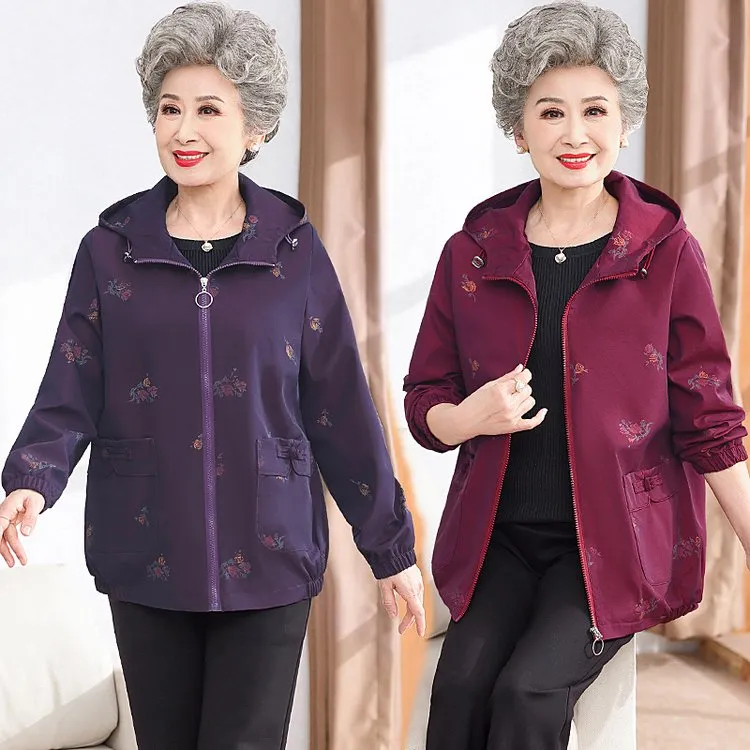中老年妈妈外套国风款连帽风衣老太太60-70岁奶奶装加绒冬装女装