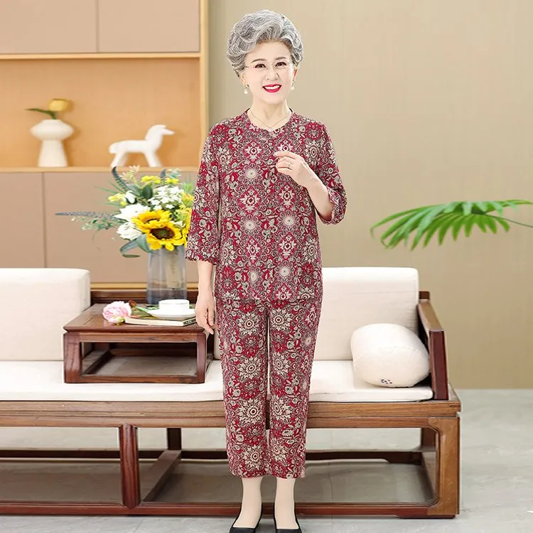 中老年女装奶奶夏季中袖棉绸开衫套装60岁70岁妈妈夏装老人衣服80