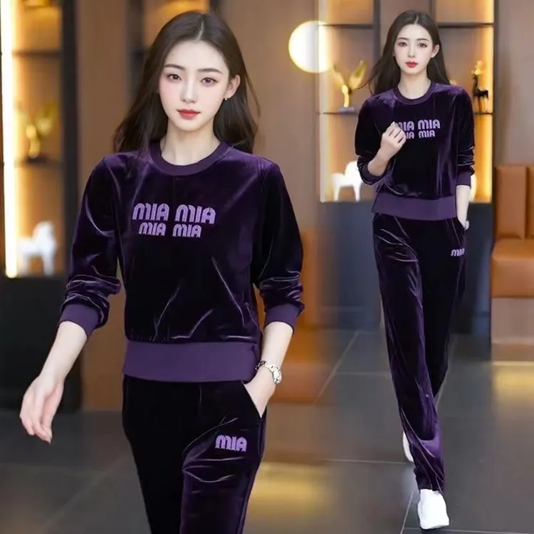 金丝绒春秋季新款休闲运动套装女高档洋气显瘦阔腿两件套运动服女