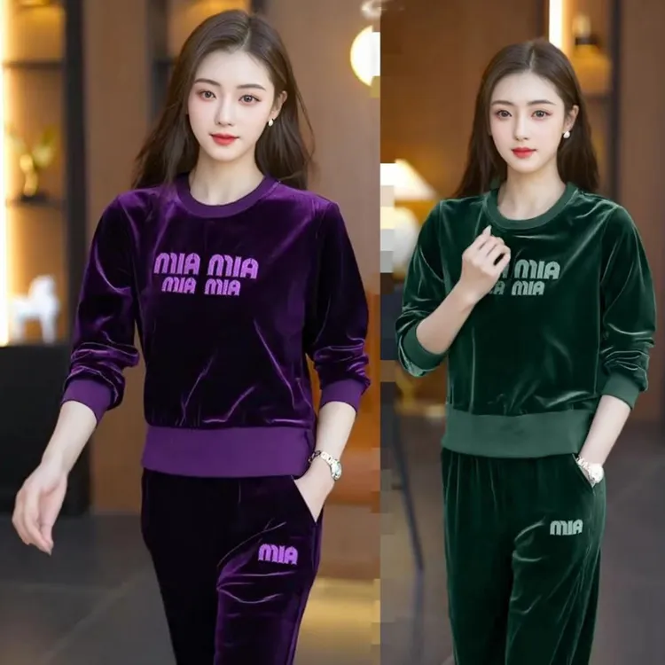 金丝绒运动服套装女春季新款高贵洋气圆领刺绣卫衣时尚休闲两件套