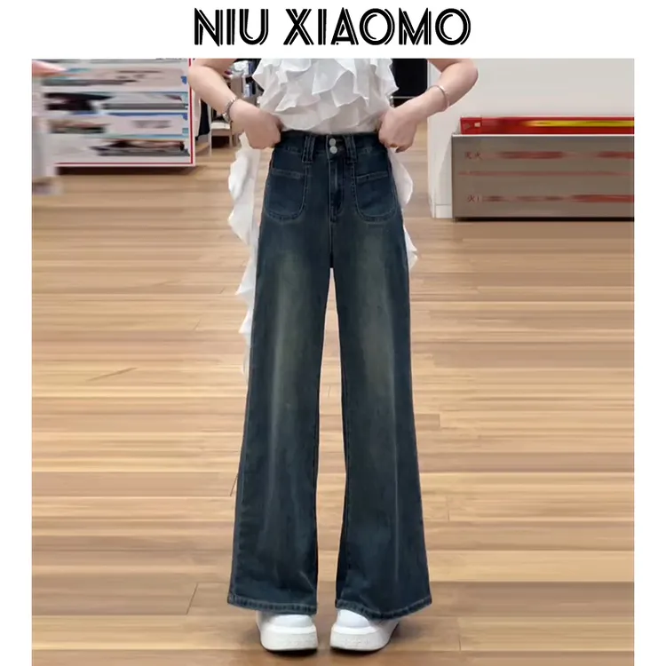 秋季不贴腿弹力微喇牛仔裤女2025新款高腰宽松显瘦小个子阔腿长裤