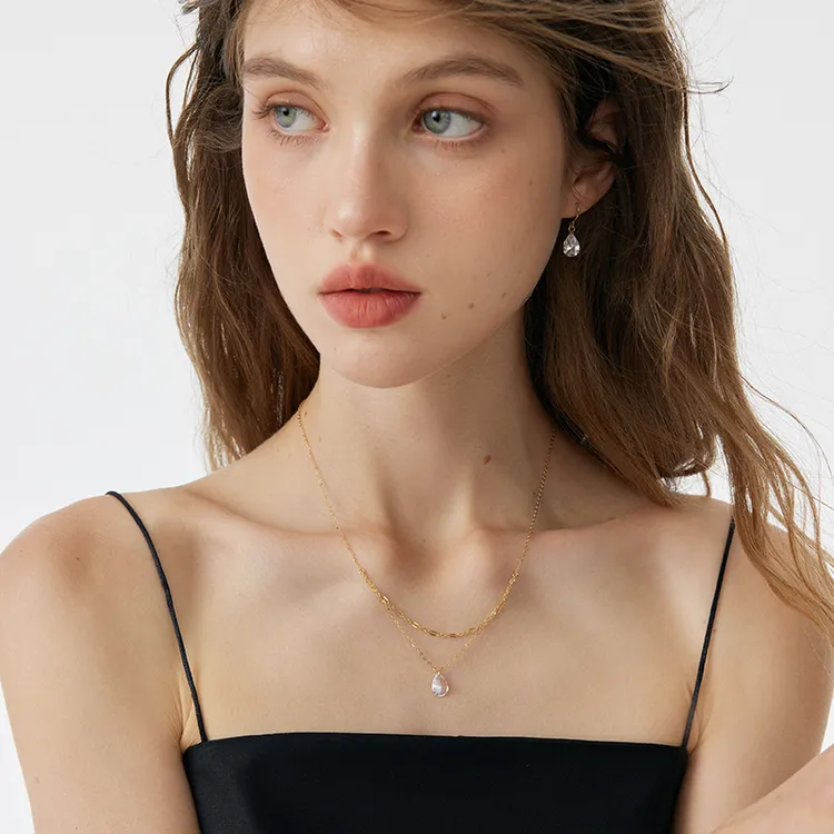 铜合金合成锆石项链 复古极简法式双层水滴锆石项链高级感轻奢