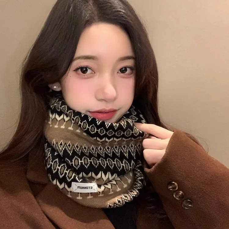 2024秋冬季新款复古提花针织围脖女韩版百搭保暖多用护颈挂耳面罩