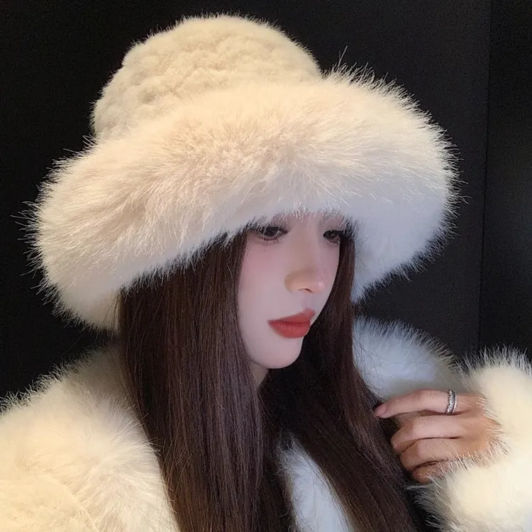 毛绒盆帽女2025秋冬季韩版显脸小加厚保暖渔夫帽大头围防寒帽子潮