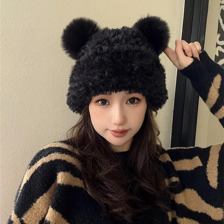 秋冬季可爱小熊毛绒护耳针织帽子女韩版百搭保暖双毛球毛线帽潮